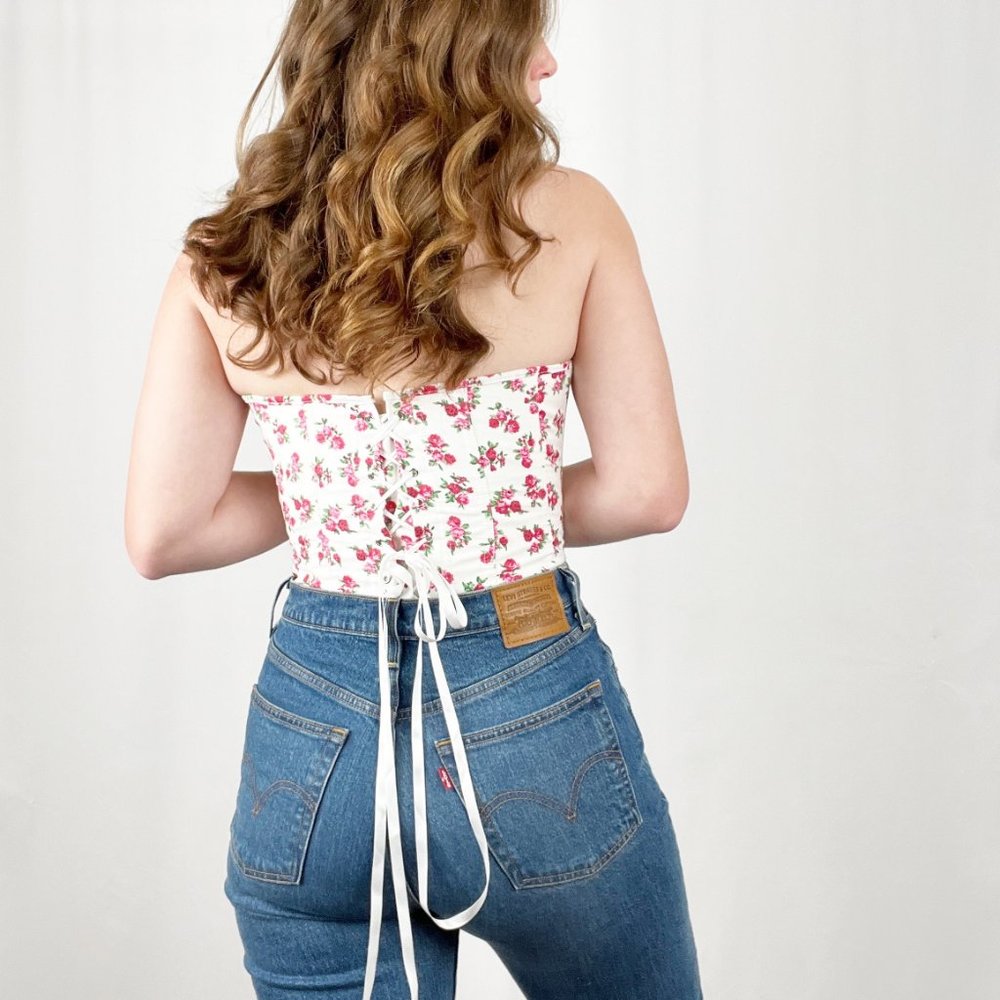 Vintage Corset Bustier Floral Lace Up Cottagecore Strapless Pin-Up Sexy Lingerie - Picture 3 of 5